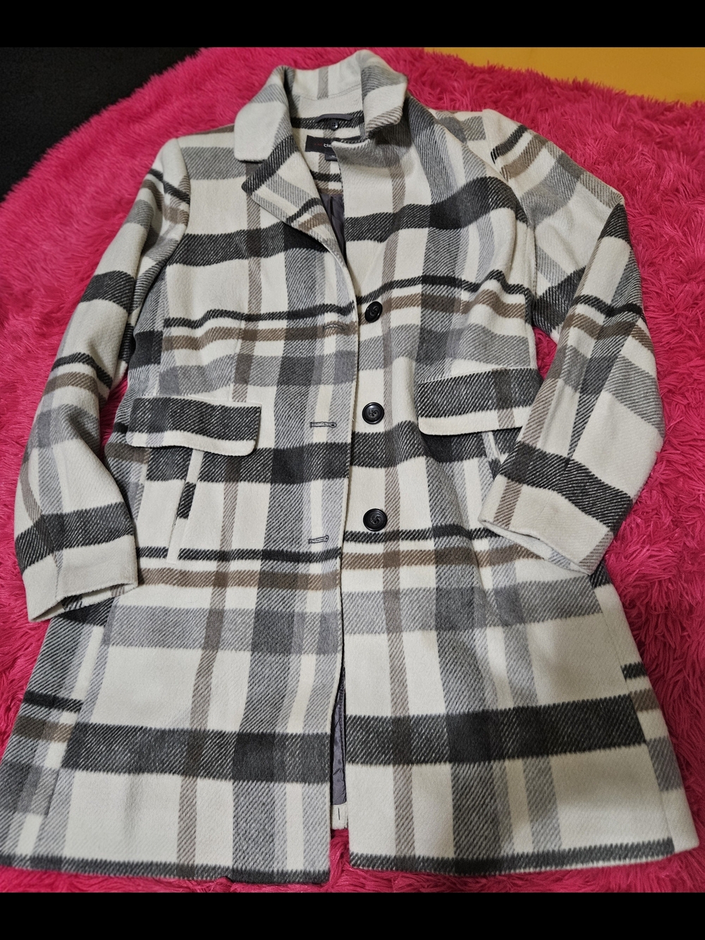 Liz Claiborne Plaid Wool-Blend Pea Coat in Cream, Gray & Brown